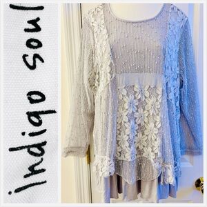 Indigo Soul Women's sz XL Tunic Gray Lace Crochet Sequin bohemian boho scoop